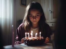 enfant soufflant en dehors le bougies sur leur anniversaire gâteau ai génératif photo