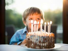 enfant soufflant en dehors le bougies sur leur anniversaire gâteau ai génératif photo