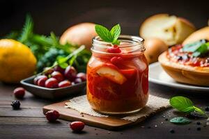 une pot de fruit et des légumes sur une tableau. généré par ai photo