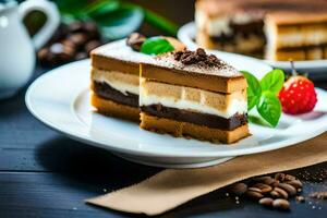 une tranche de gâteau sur une assiette avec café haricots. généré par ai photo