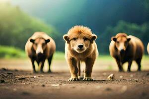 une Lion lionceau est en marchant dans le milieu de une groupe de vaches. généré par ai photo