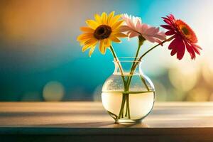 une vase rempli avec fleurs sur une tableau. généré par ai photo