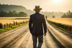 une homme dans une costume et chapeau en marchant vers le bas une saleté route. généré par ai photo