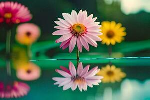 une fleur est réfléchi dans le l'eau. généré par ai photo