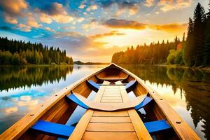 une canoë est vu sur le Lac à le coucher du soleil. généré par ai photo