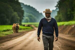 une homme dans une chapeau en marchant vers le bas une saleté route. généré par ai photo