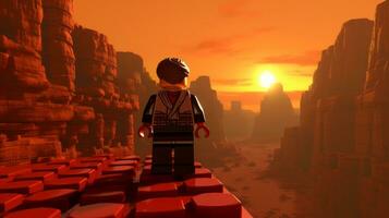 lego personnage explorant une épique lego monde ai génératif photo