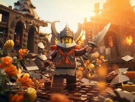 lego personnage explorant une épique lego monde ai génératif photo