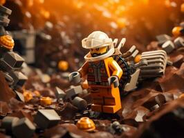 lego personnage explorant une épique lego monde ai génératif photo