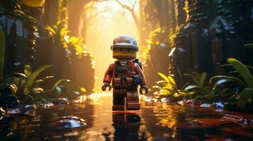 lego personnage explorant une épique lego monde ai génératif photo