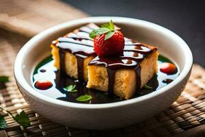 une pièce de gâteau avec Chocolat sauce et des fraises. généré par ai photo