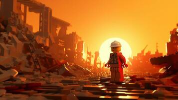 lego personnage explorant une épique lego monde ai génératif photo