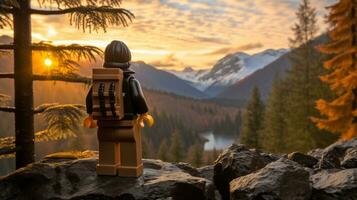 lego personnage explorant une épique lego monde ai génératif photo