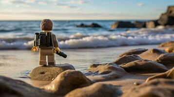 lego personnage explorant une épique lego monde ai génératif photo