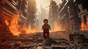 lego personnage explorant une épique lego monde ai génératif photo