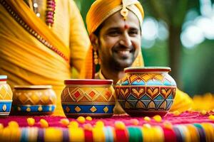 une homme et femme dans traditionnel Indien tenue sont souriant. généré par ai photo