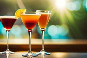 Trois différent les types de alcoolique les boissons sur une bar. généré par ai photo