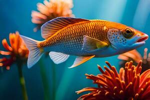 une poisson nager dans un aquarium avec fleurs. généré par ai photo