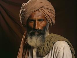 vieux coloré photo de une Indien homme de le de bonne heure années 1900 ai génératif