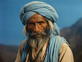 vieux coloré photo de une Indien homme de le de bonne heure années 1900 ai génératif