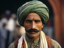 vieux coloré photo de une Indien homme de le de bonne heure années 1900 ai génératif