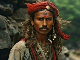 vieux coloré photo de une Indien homme de le de bonne heure années 1900 ai génératif