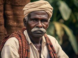 vieux coloré photo de une Indien homme de le de bonne heure années 1900 ai génératif