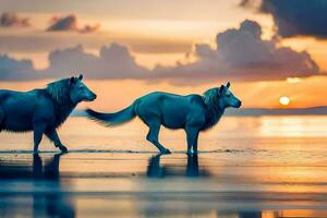 deux les chevaux en marchant sur le plage à le coucher du soleil. généré par ai photo