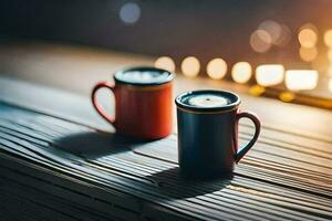 deux café tasses sur une en bois tableau. généré par ai photo