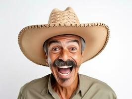 mexicain homme dans espiègle pose sur blanc Contexte ai génératif photo