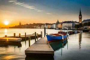 bateaux amarré à le jetée dans de face de une ville à le coucher du soleil. généré par ai photo