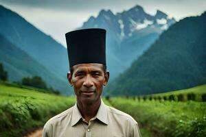 une homme portant une chapeau dans de face de montagnes. généré par ai photo