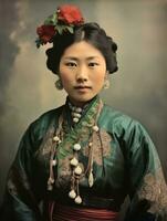 vieux coloré photo de une asiatique femme de le de bonne heure années 1900 ai génératif