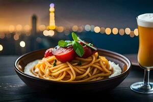 une bol de spaghetti avec une verre de bière. généré par ai photo