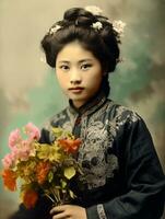 vieux coloré photo de une asiatique femme de le de bonne heure années 1900 ai génératif