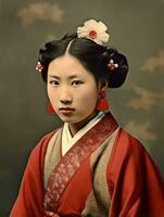 vieux coloré photo de une asiatique femme de le de bonne heure années 1900 ai génératif