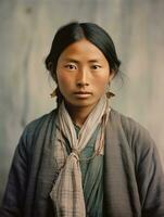 vieux coloré photo de une asiatique femme de le de bonne heure années 1900 ai génératif