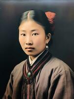 vieux coloré photo de une asiatique femme de le de bonne heure années 1900 ai génératif