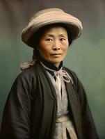 vieux coloré photo de une asiatique femme de le de bonne heure années 1900 ai génératif