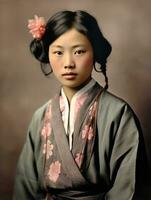 vieux coloré photo de une asiatique femme de le de bonne heure années 1900 ai génératif