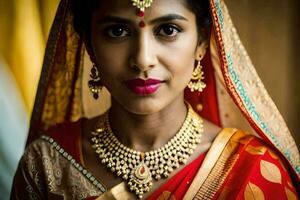 une magnifique Indien la mariée portant traditionnel bijoux. généré par ai photo