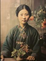 vieux coloré photo de une asiatique femme de le de bonne heure années 1900 ai génératif