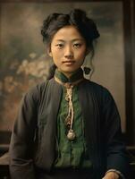 vieux coloré photo de une asiatique femme de le de bonne heure années 1900 ai génératif