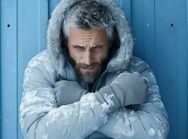 du froid et en colère hiver homme étreindre contre une bleu Contexte photo