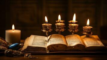 Hanoukka bougies avec hébreu prière livre photo