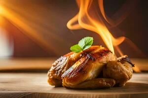 poulet sur une en bois planche avec Feu. généré par ai photo