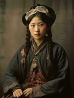 vieux coloré photo de une asiatique femme de le de bonne heure années 1900 ai génératif
