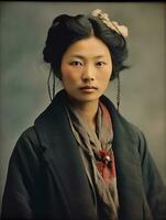 vieux coloré photo de une asiatique femme de le de bonne heure années 1900 ai génératif