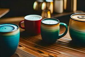 coloré café des tasses sur une en bois tableau. généré par ai photo