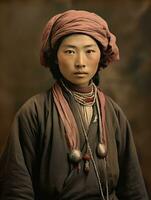 vieux coloré photo de une asiatique femme de le de bonne heure années 1900 ai génératif